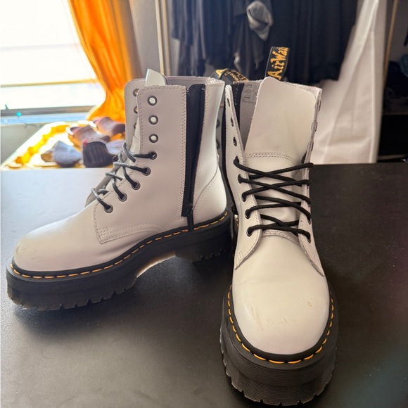 White and Black Combat Moto Boots with Chunky Sole - Picture 1 of 5